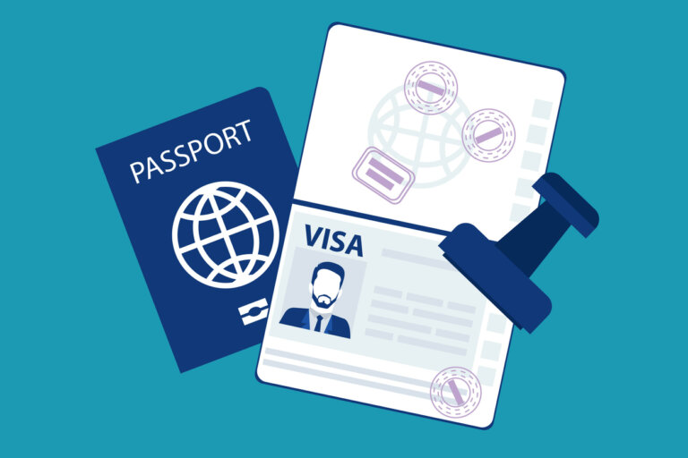 Passport with biometric data and visa stamps on it isolated on blue background. Identification Document and customs stamps. Eps 10 Vector illustration, Minimalist flat business style modern design.